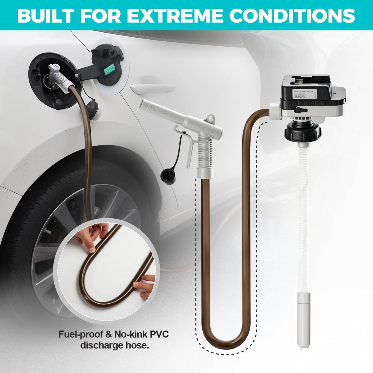JEXUL pump next to a gallon drum for size and capacity comparison benefit
