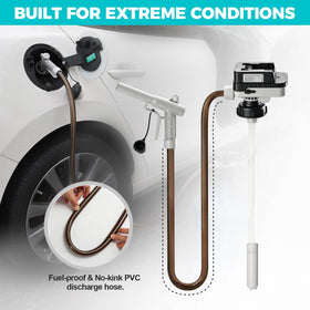 JEXUL pump next to a gallon drum for size and capacity comparison benefit