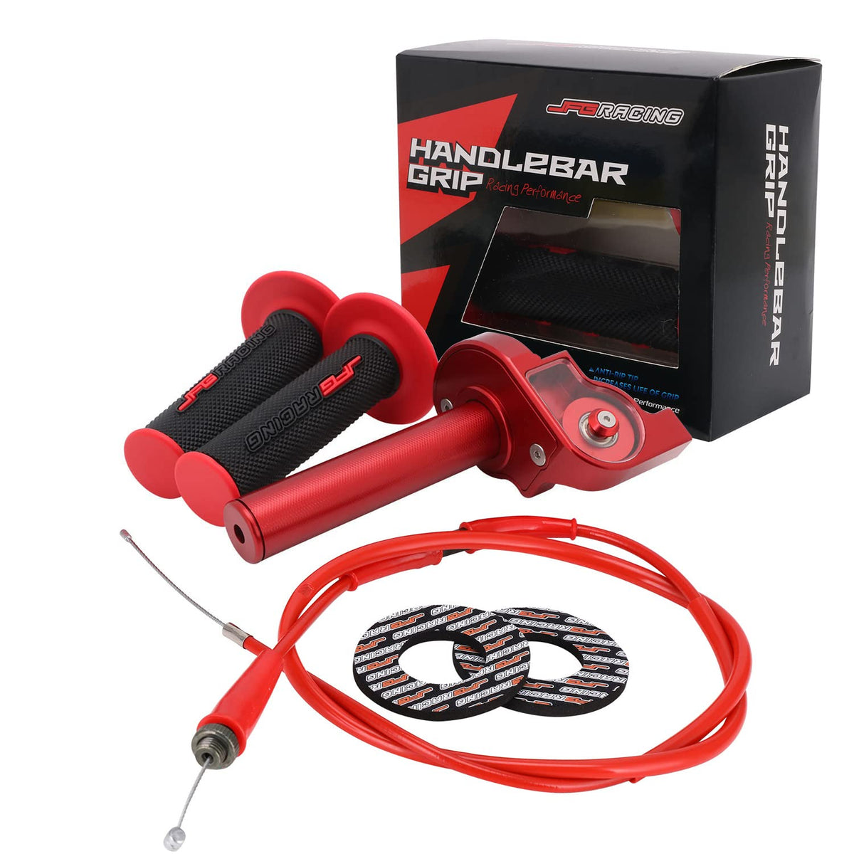 JFG RACING front throttle assembly in red showing complete kit benefits