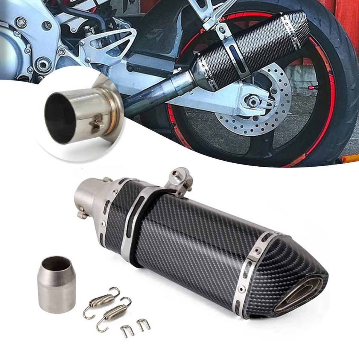 JFG RACING front view of muffler showing inlet and outlet for easy fitment