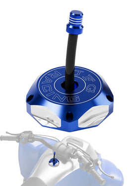 JFG RACING front view of blue gas cap showing fit and style benefits