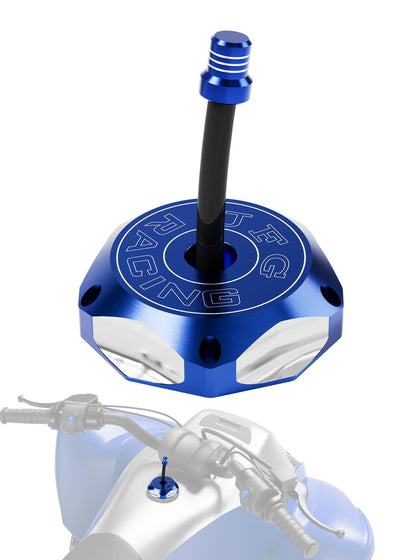 JFG RACING front view of blue gas cap showing fit and style benefits