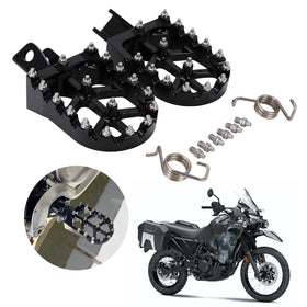 JFG RACING front view of KLR650 footpegs showing fitment and improved stability