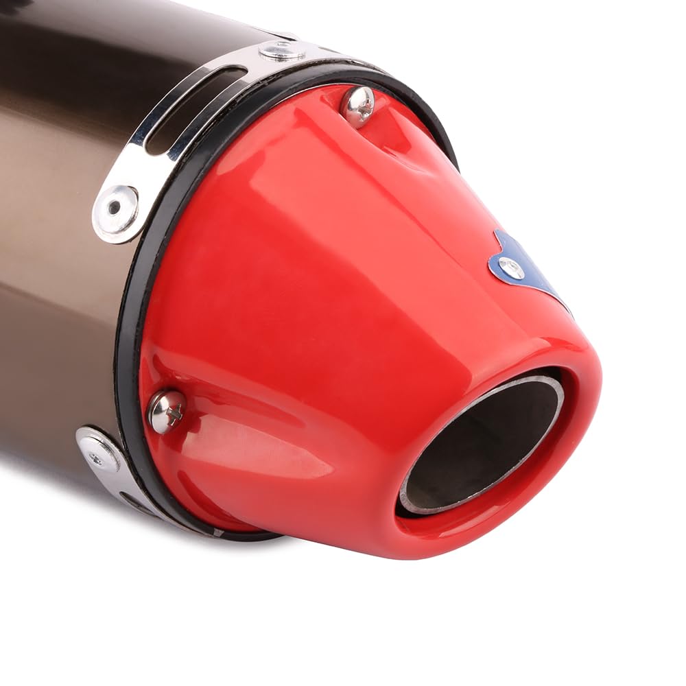 JFG RACING muffler profile beside ruler showing 430mm length for compact clearance