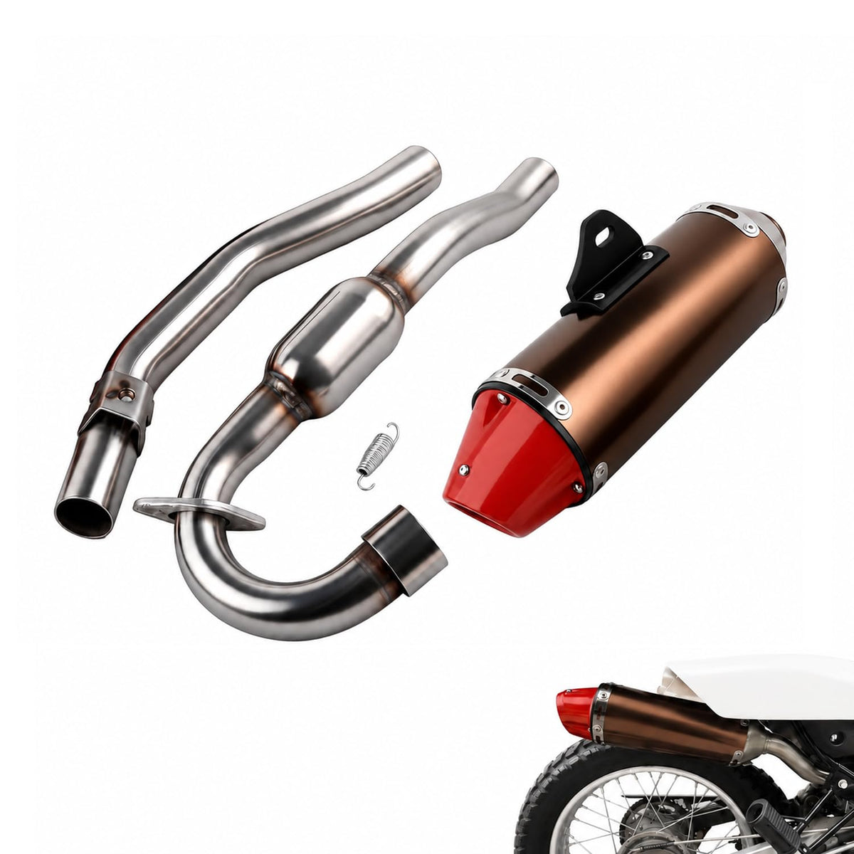 JFG RACING red slip-on exhaust front view shows clean styling and improved appearance