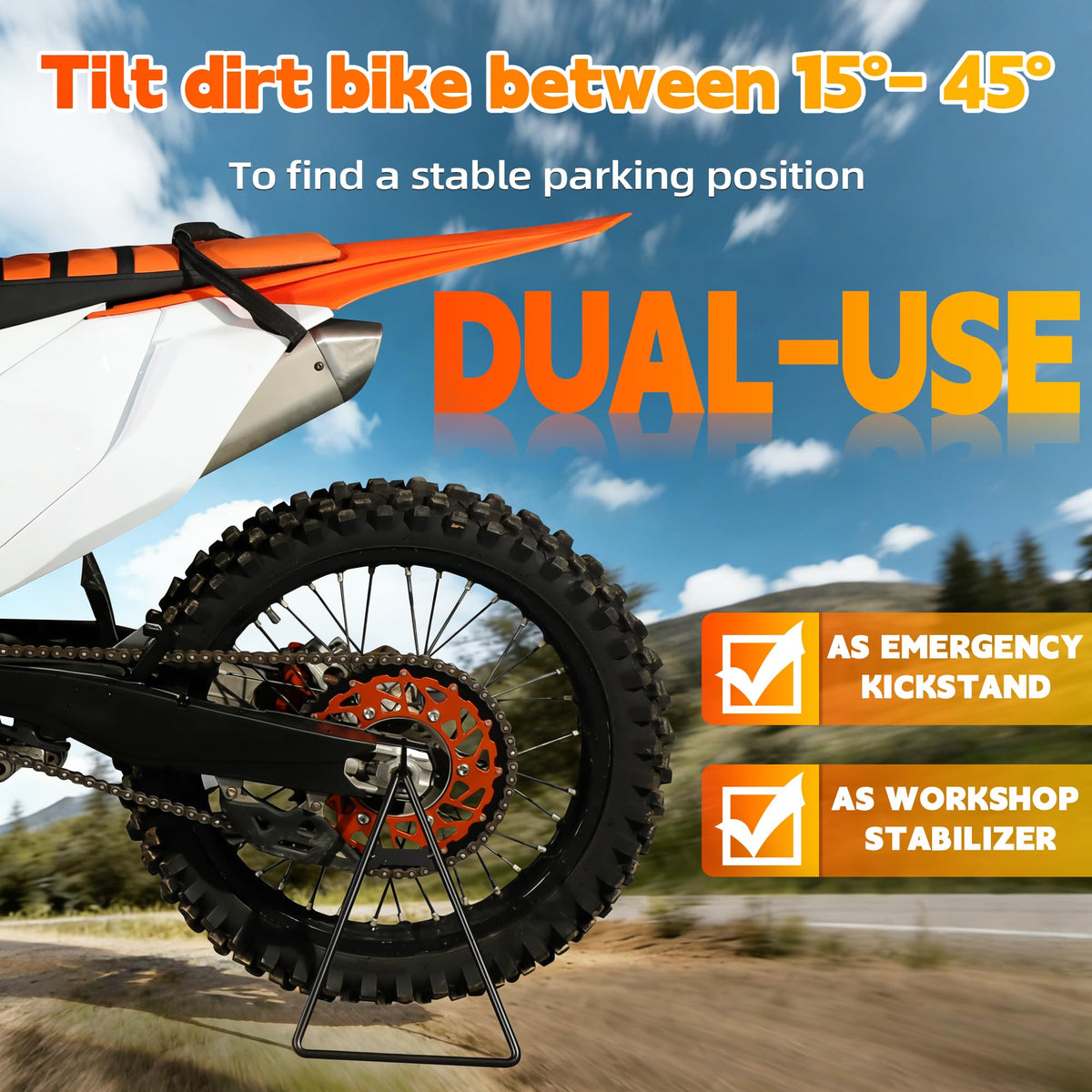 JFG RACING stand next to bike showing compact size and easy transport benefit