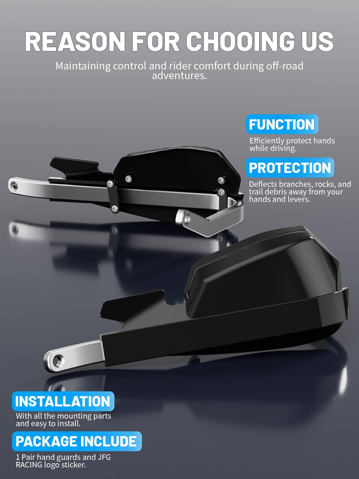JFG RACING hand guard beside a ruler showing fit for 22mm and 28mm bars