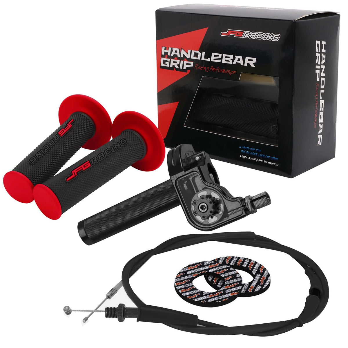 JFG RACING front throttle assembly showing complete kit and finish benefits