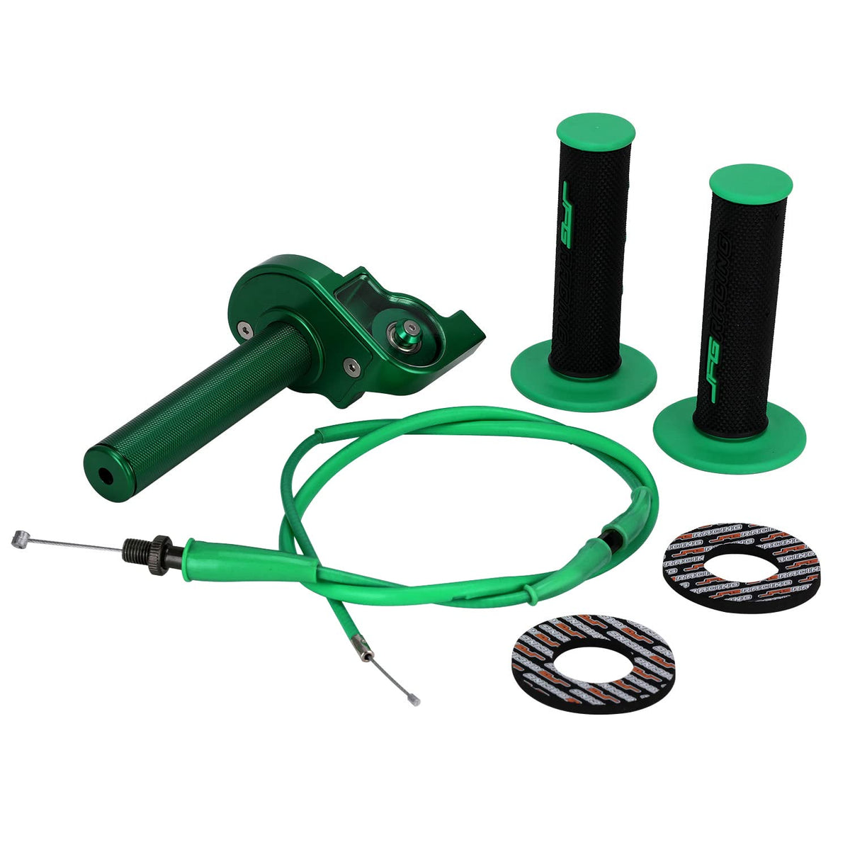 JFG RACING throttle kit laid out with cable and grip showing included parts