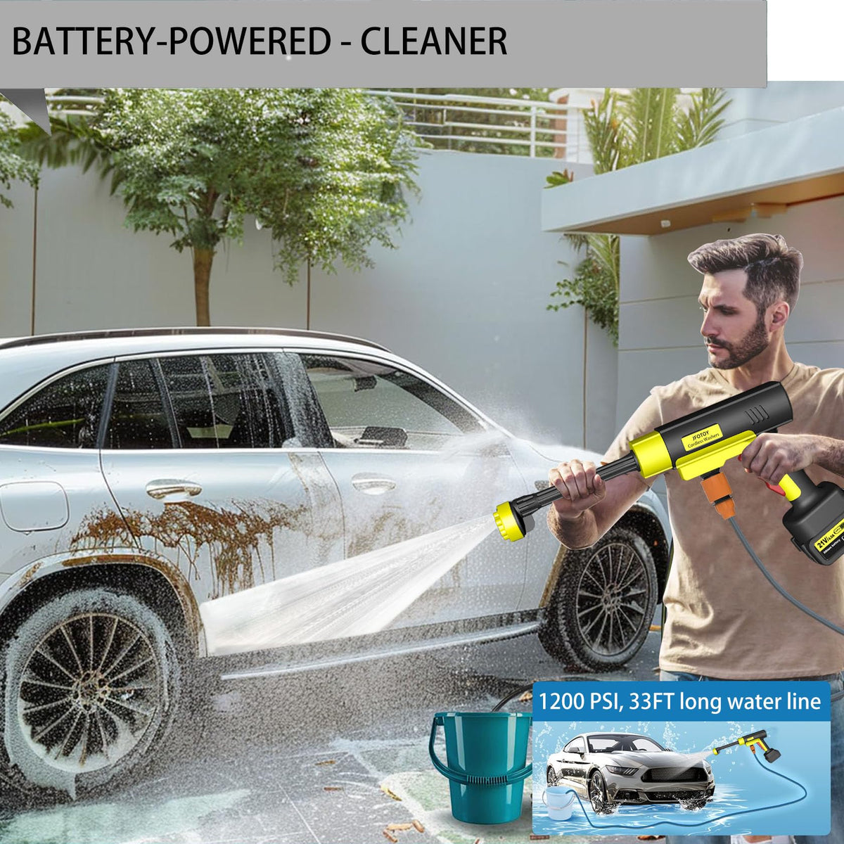 JFOTOY handheld washer next to a hand showing compact size and ergonomic handling
