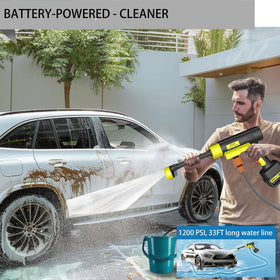 JFOTOY handheld washer next to a hand showing compact size and ergonomic handling