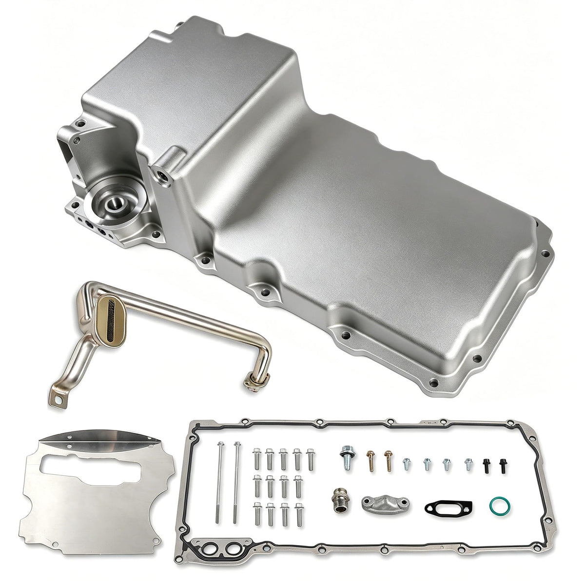 JGhyperX front view of silver 302-1 oil pan showing mount points and shape benefits