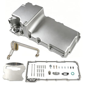 JGhyperX front view of silver 302-1 oil pan showing mount points and shape benefits