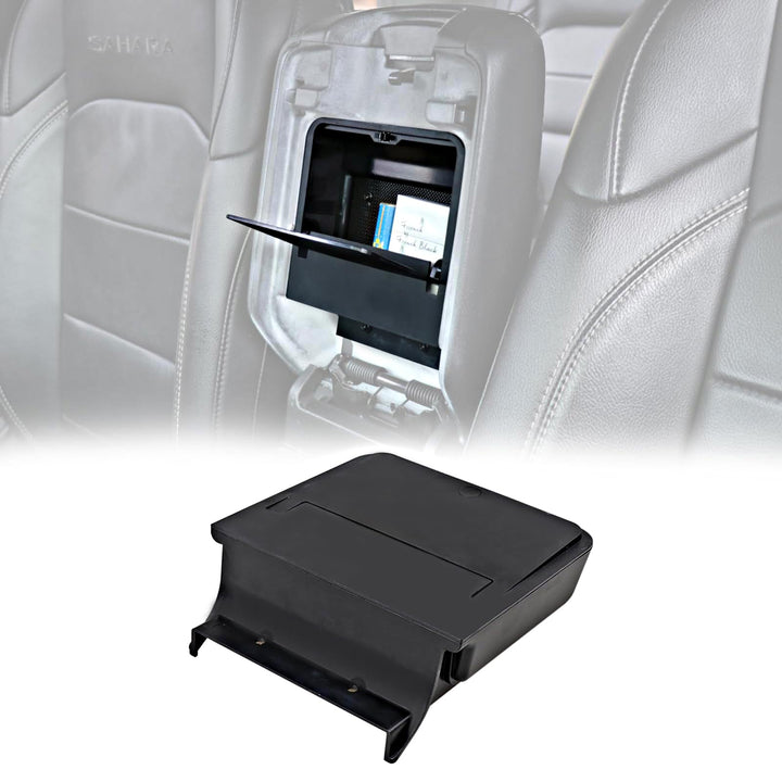 JHD-TOGO front view console installed in Jeep center armrest showing sleek black finish and discreet storage