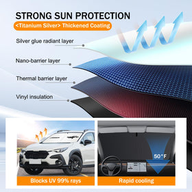 JHGFVC installed sun shade in Crosstrek windshield demonstrating full coverage