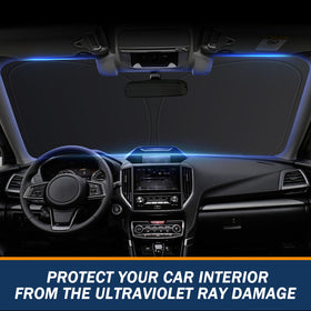 JHGFVC sun shade in parked Crosstrek illustrating cooler interior advantage