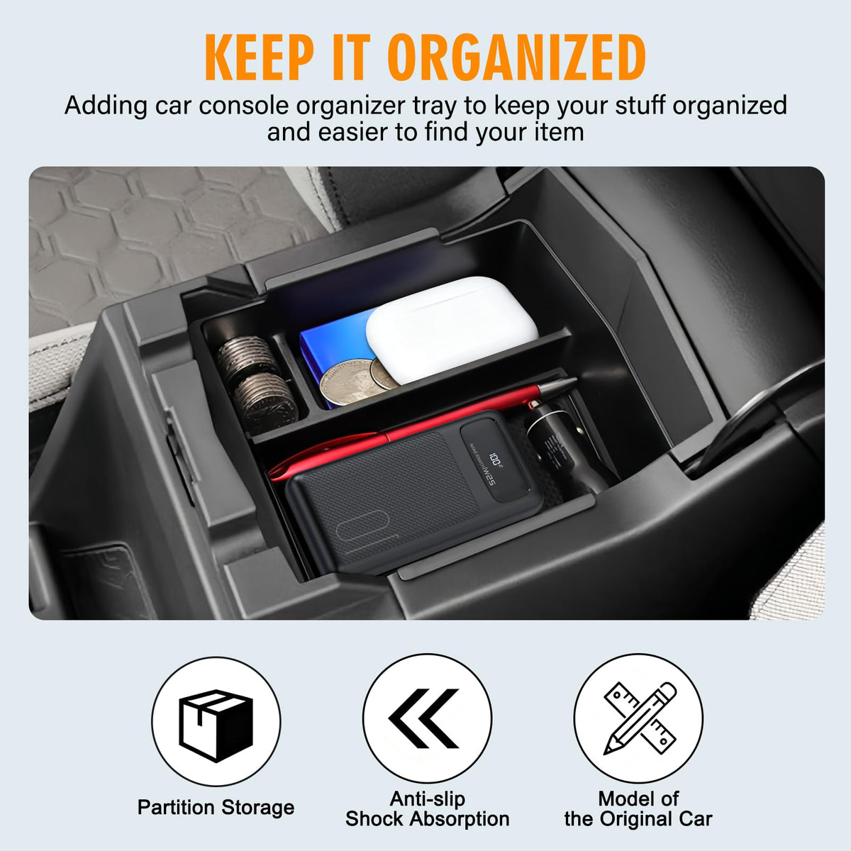 JHGFVC top view showing three compartments for phones cards and coins