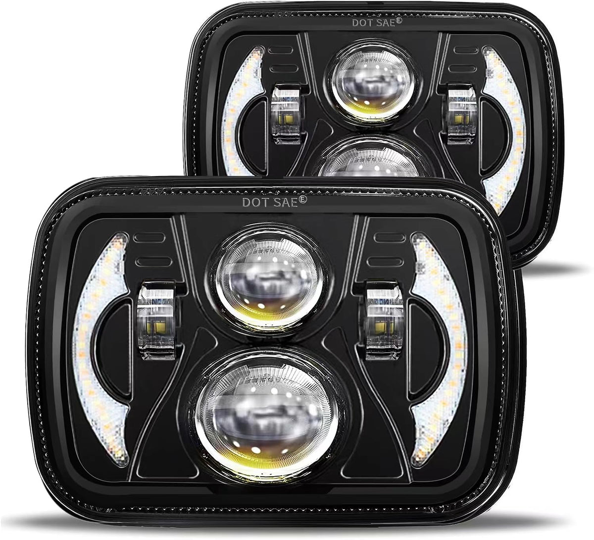 JHLion front view of 5x7 headlight showing DRL and amber turn signal benefit