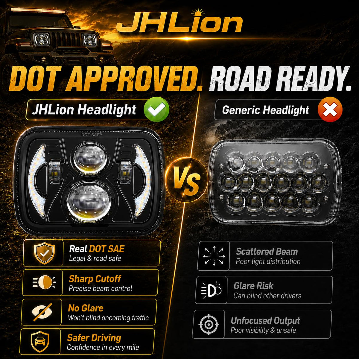 JHLion beam pattern on road at night showing clear cut-off and enhanced contrast