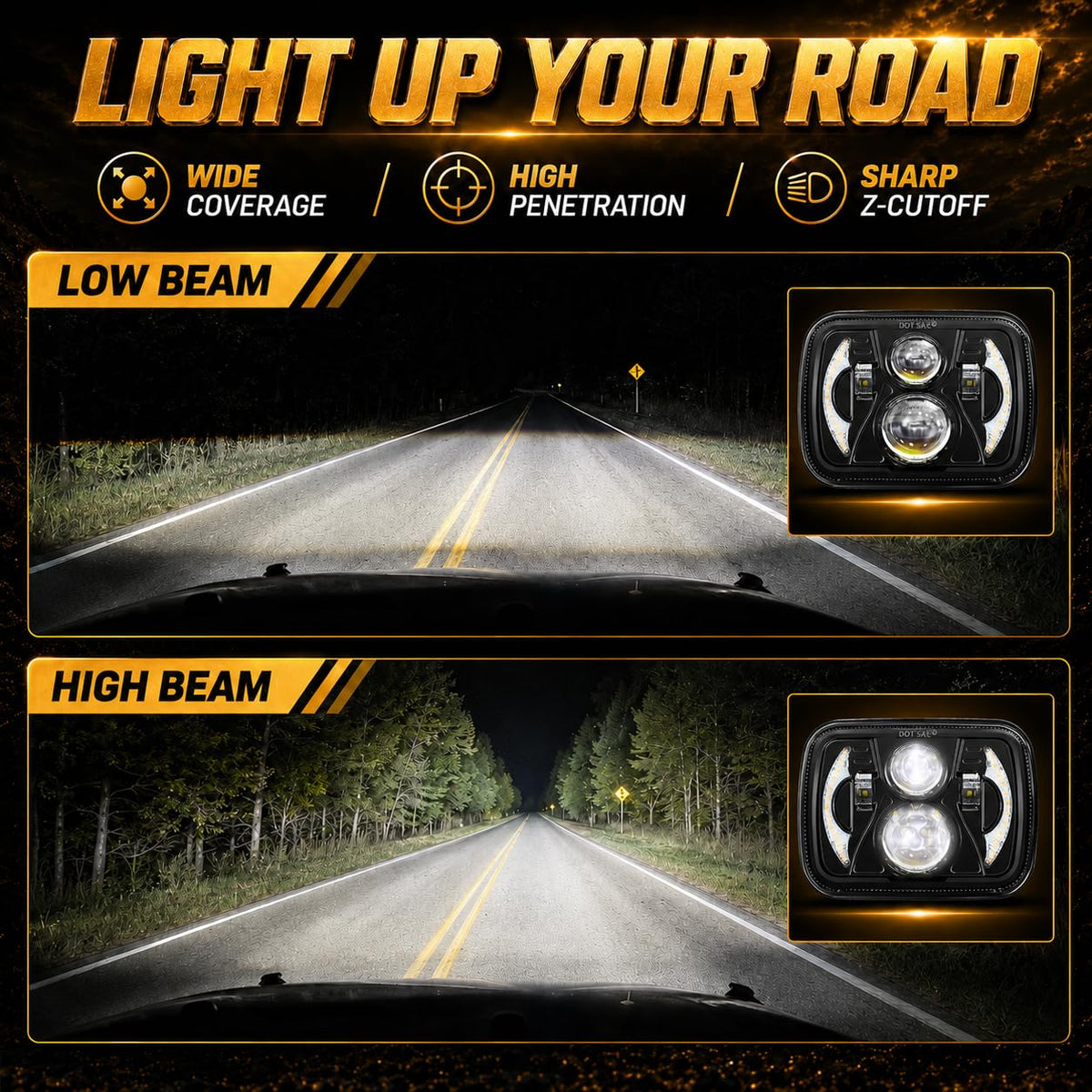 JHLion headlight installed on Jeep Cherokee XJ demonstrating brighter road visibility