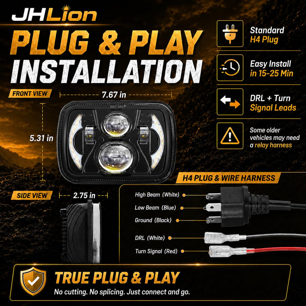 JHLion label and H4 connector close-up showing plug-and-play installation benefit