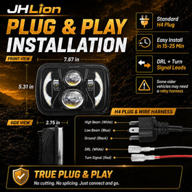 JHLion label and H4 connector close-up showing plug-and-play installation benefit