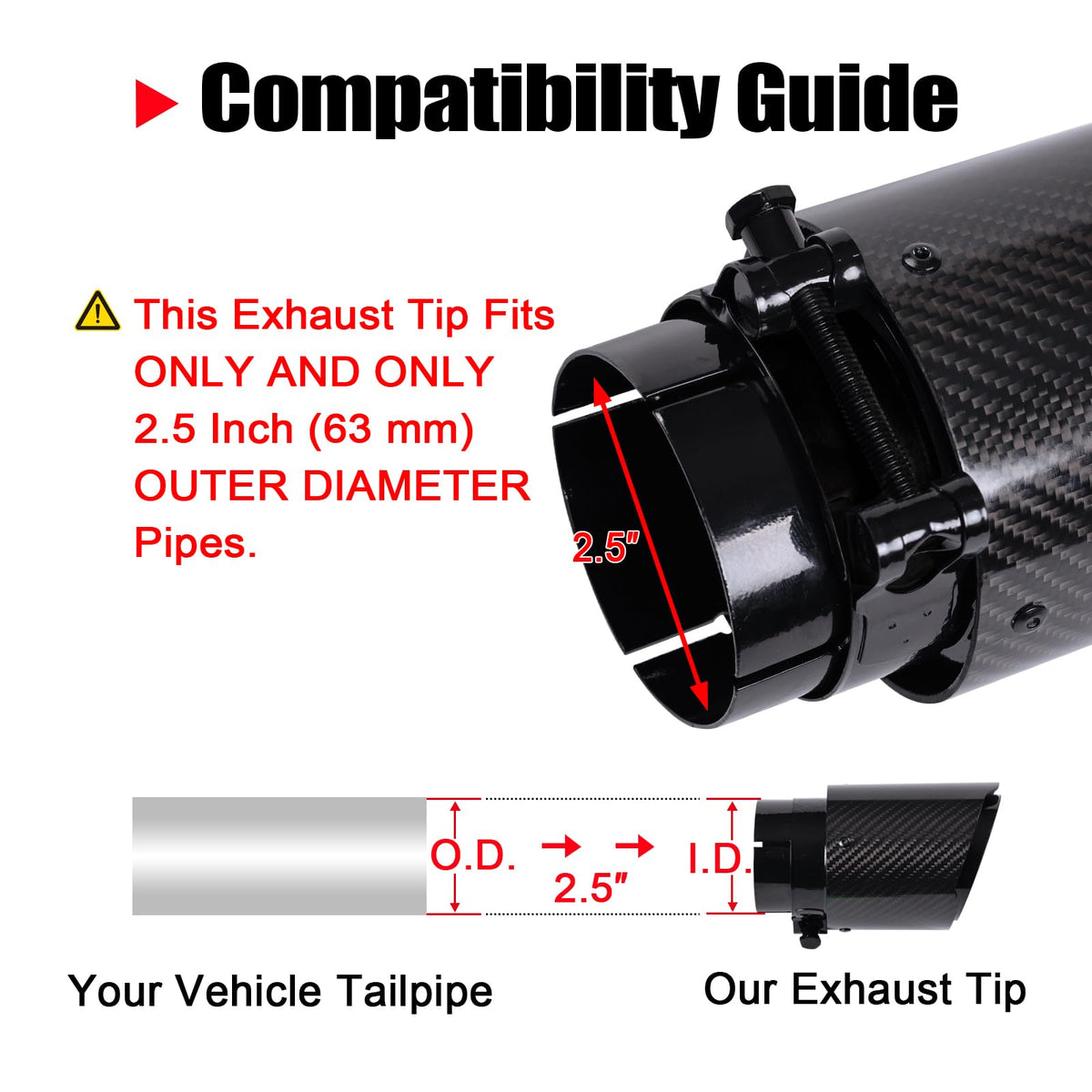 Jiarear tip beside ruler showing 2.5-inch inlet size for correct fitment