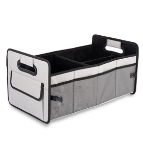 JiatuA front view of gray trunk organizer showing compartments and sturdiness