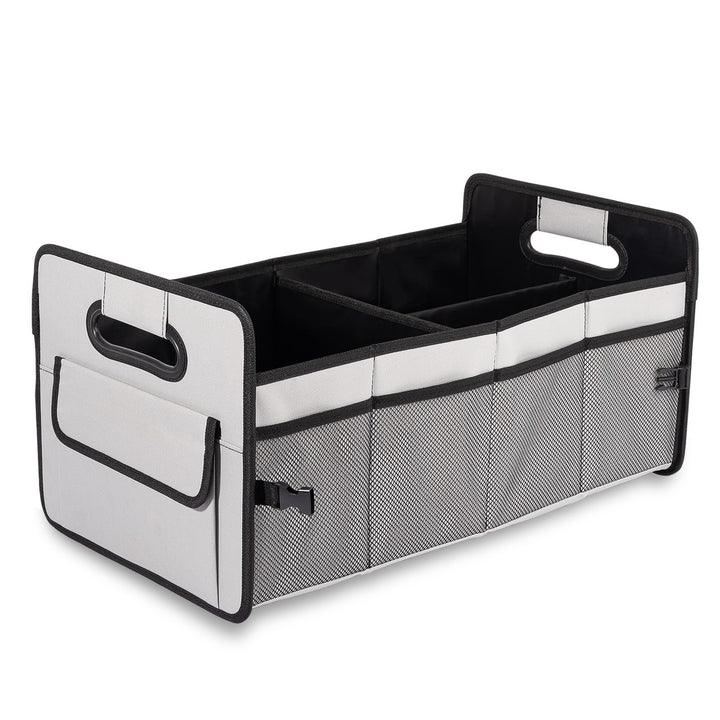 JiatuA front view of gray trunk organizer showing compartments and sturdiness