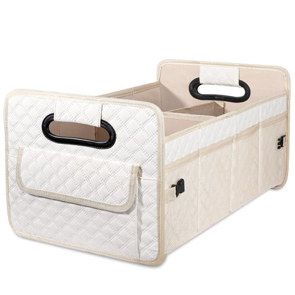 JiatuA front view of beige trunk organizer showing compartments and large capacity