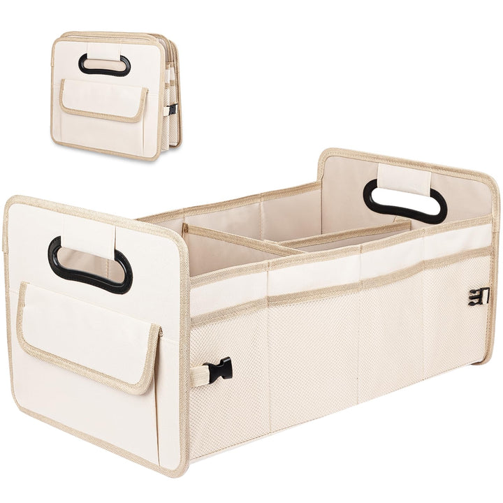 JiatuA front view of large beige trunk organizer showing capacity and upright stability