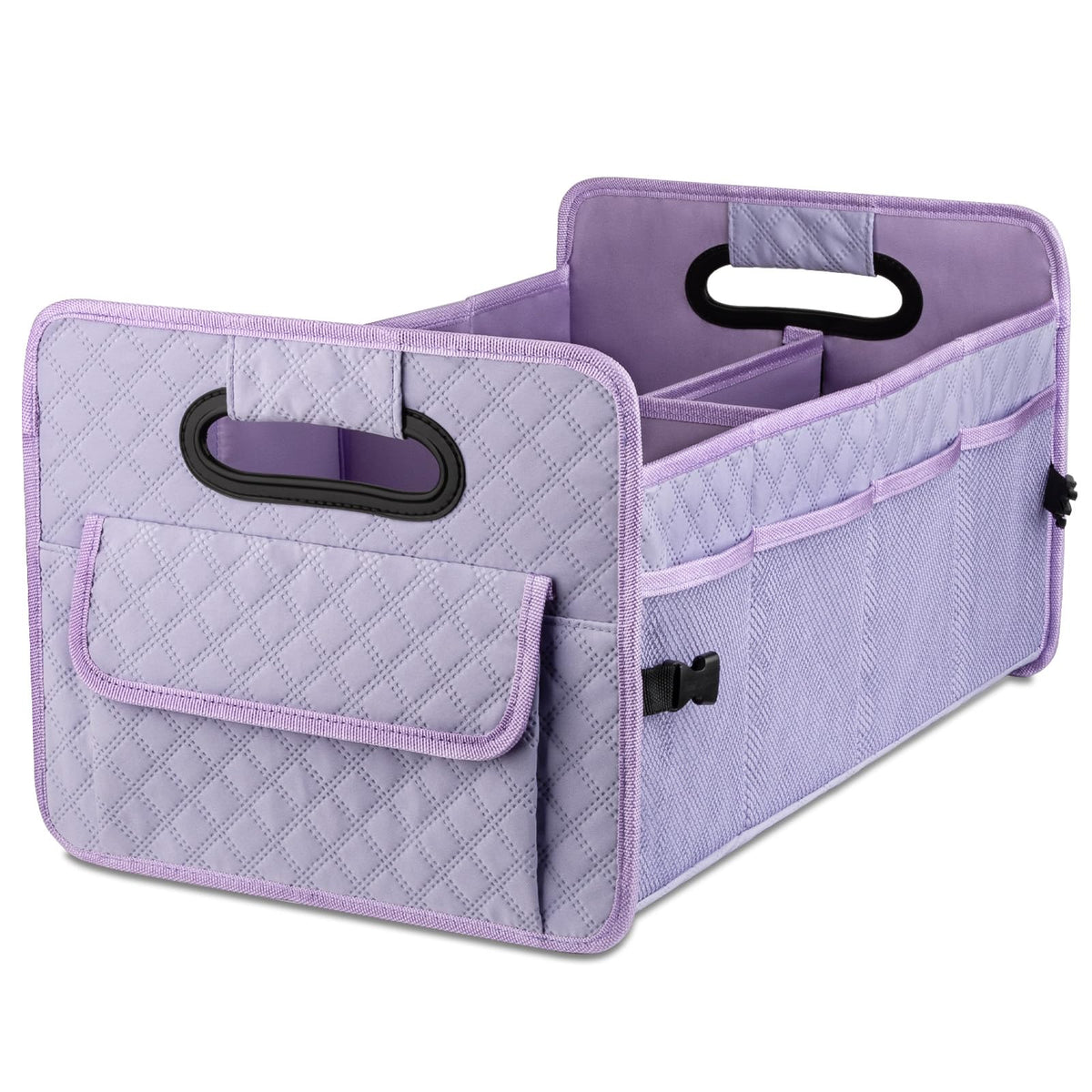 JiatuA front view of light purple trunk organizer showing compartments and capacity benefit