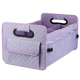 JiatuA front view of light purple trunk organizer showing compartments and capacity benefit