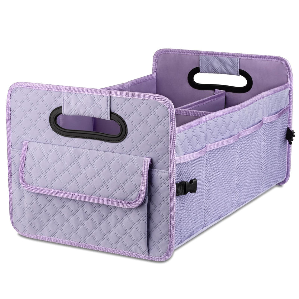 JiatuA front view of light purple trunk organizer showing compartments and capacity benefit