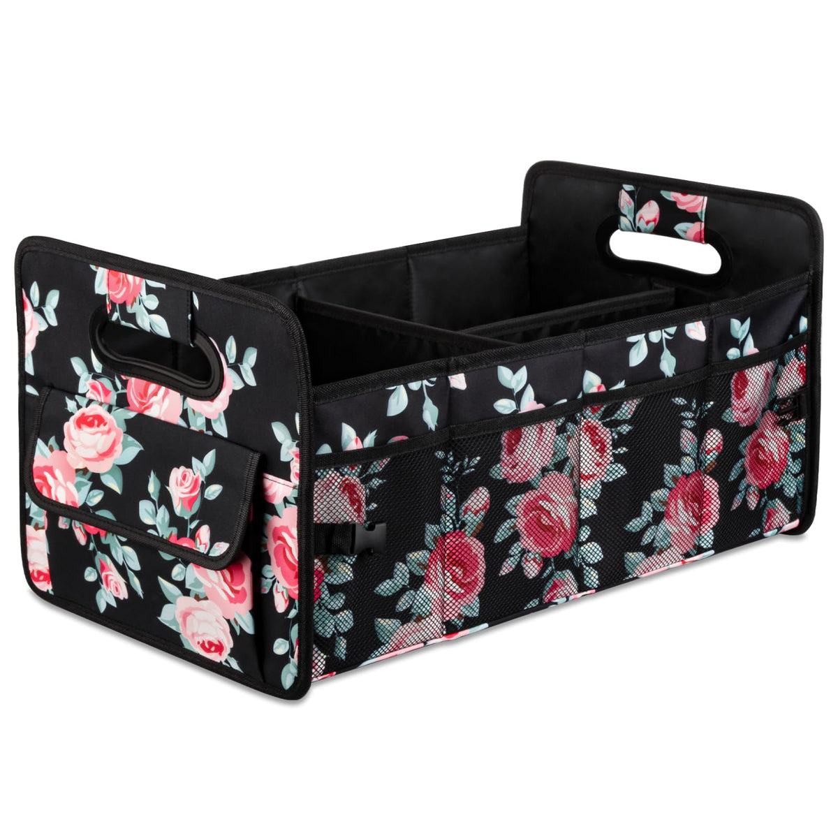 JiatuA front view of black floral organizer showing pockets and structure for tidy storage