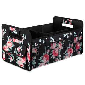 JiatuA front view of black floral organizer showing pockets and structure for tidy storage