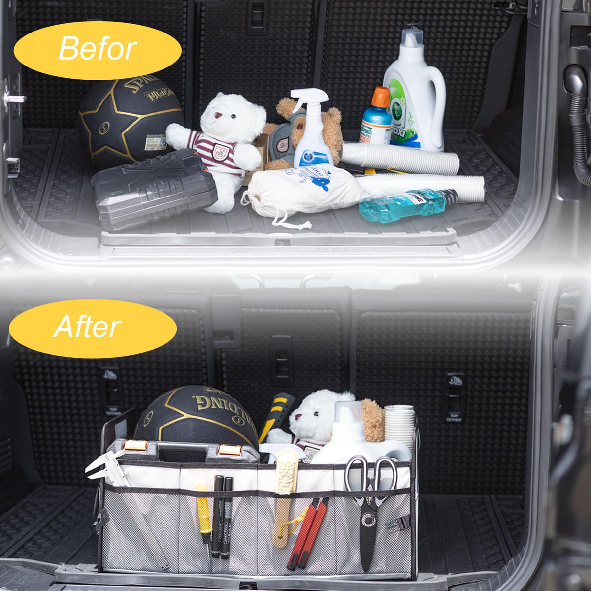 JiatuA positioned in car trunk filled with groceries to prevent shifting