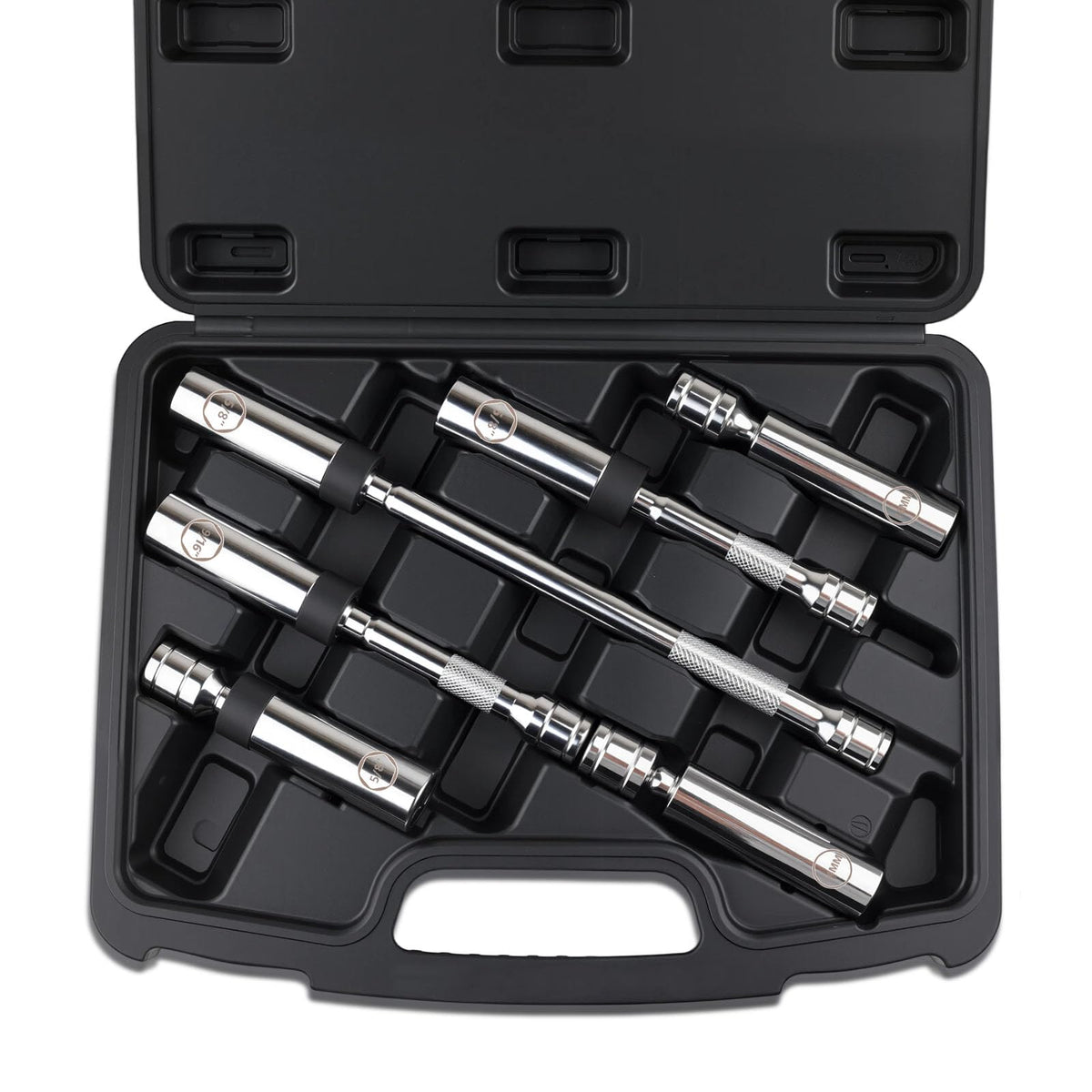 Jiimee front view of 6-piece socket set showing sizes and compact case for easy storage