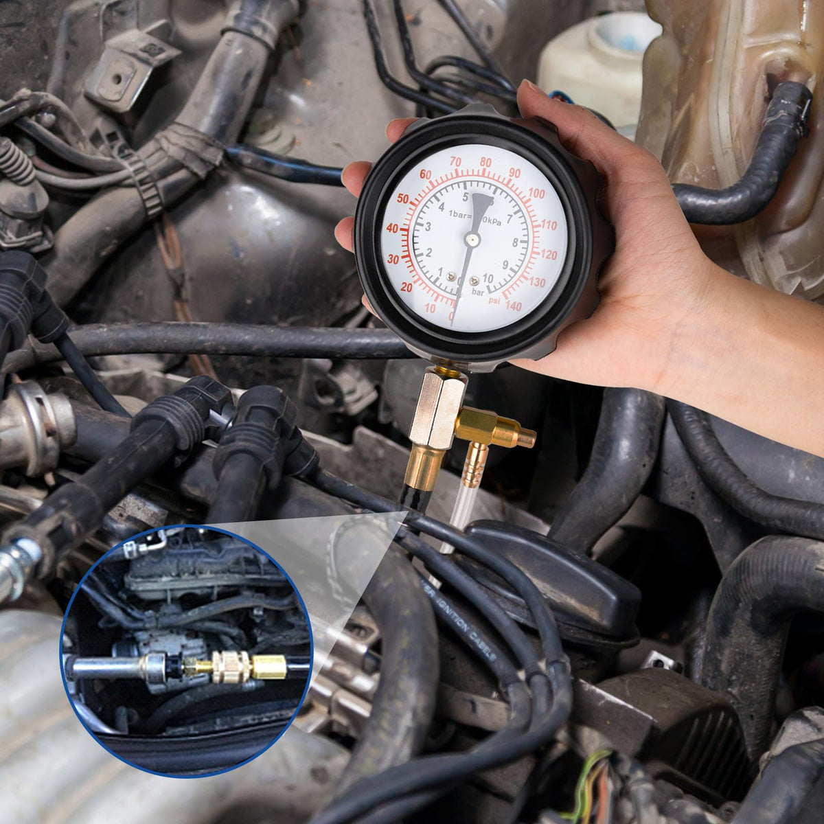 Jiimee tester attached to a fuel rail demonstrating practical use