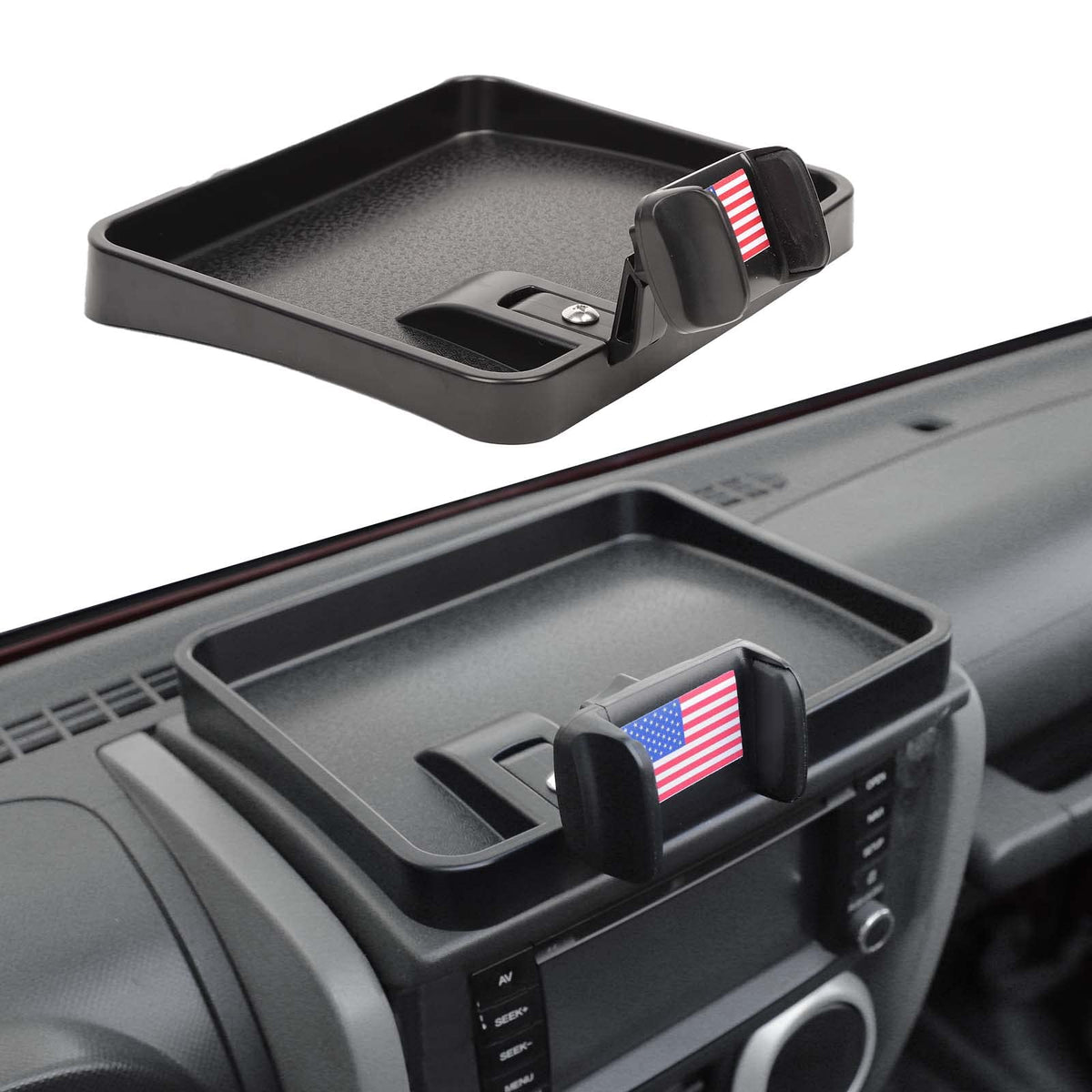 Jimen front view installed on Jeep Wrangler JK dashboard showing neat organization