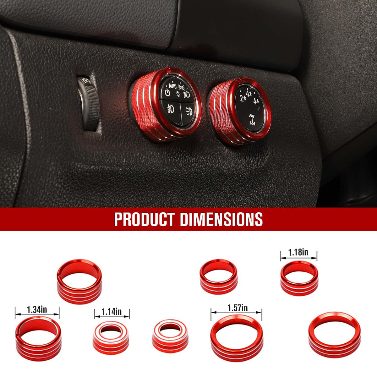 Jimen installed on console knobs in Chevy Colorado, providing sporty red interior accent