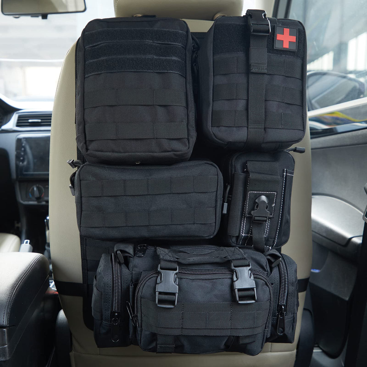 Jimikay front view of seat back organizer showing pockets and straps for neat storage