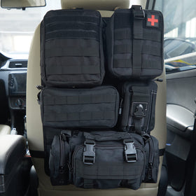 Jimikay front view of seat back organizer showing pockets and straps for neat storage