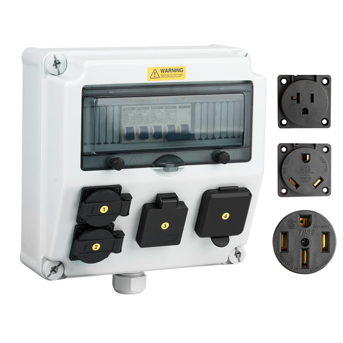 JINDOUZI front outlet panel showing all three sockets and labels for easy identification and safe connections