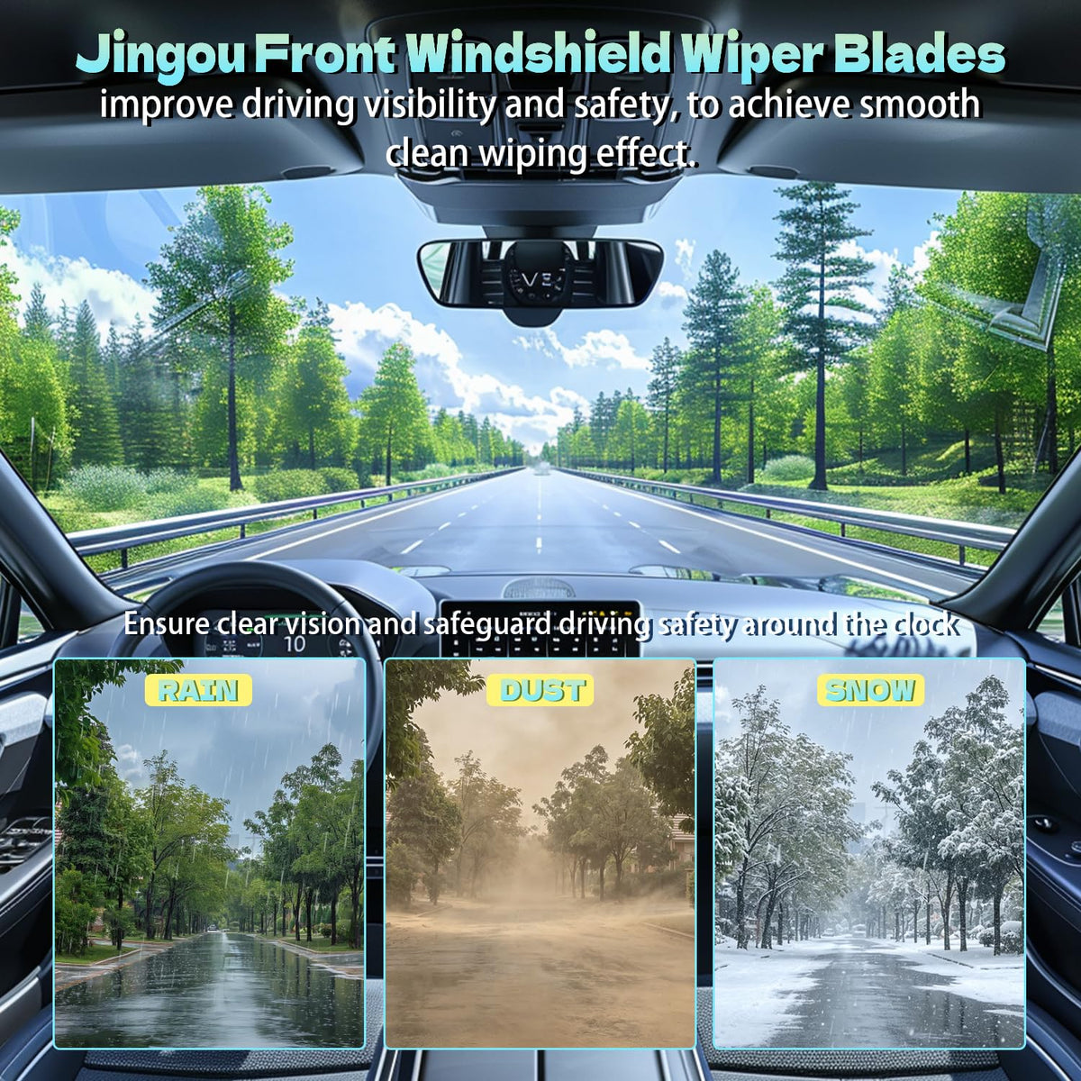 JINGOU blades installed on a Nissan Sentra windshield improving road visibility in rain