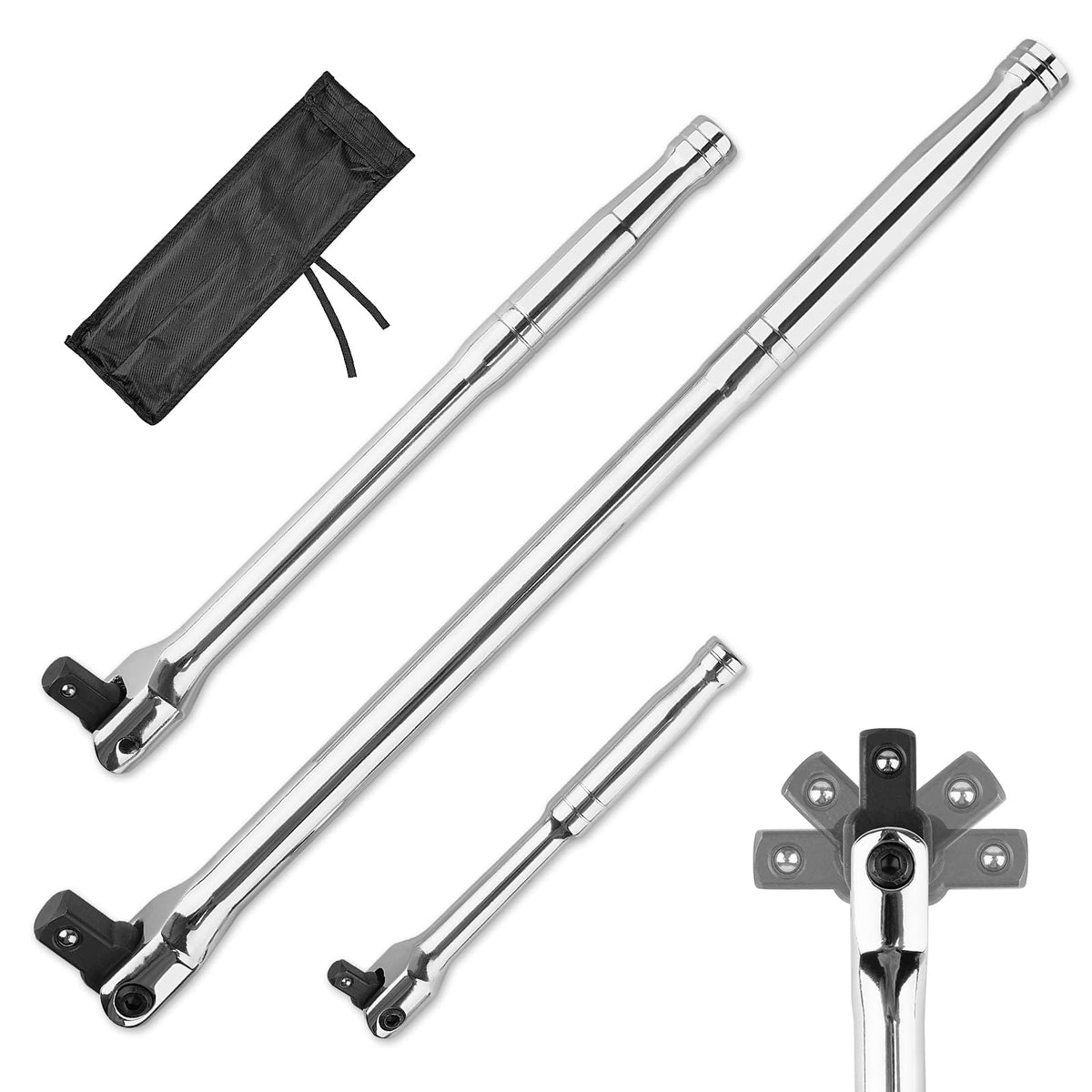 jiouxip breaker bar set front view showing three sizes and drives for versatility