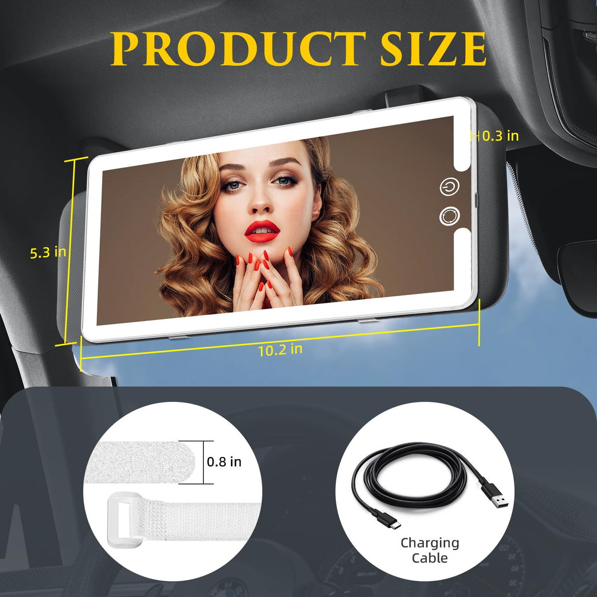 JJhxr hook-and-loop straps securing mirror to visor showing tool-free installation advantage
