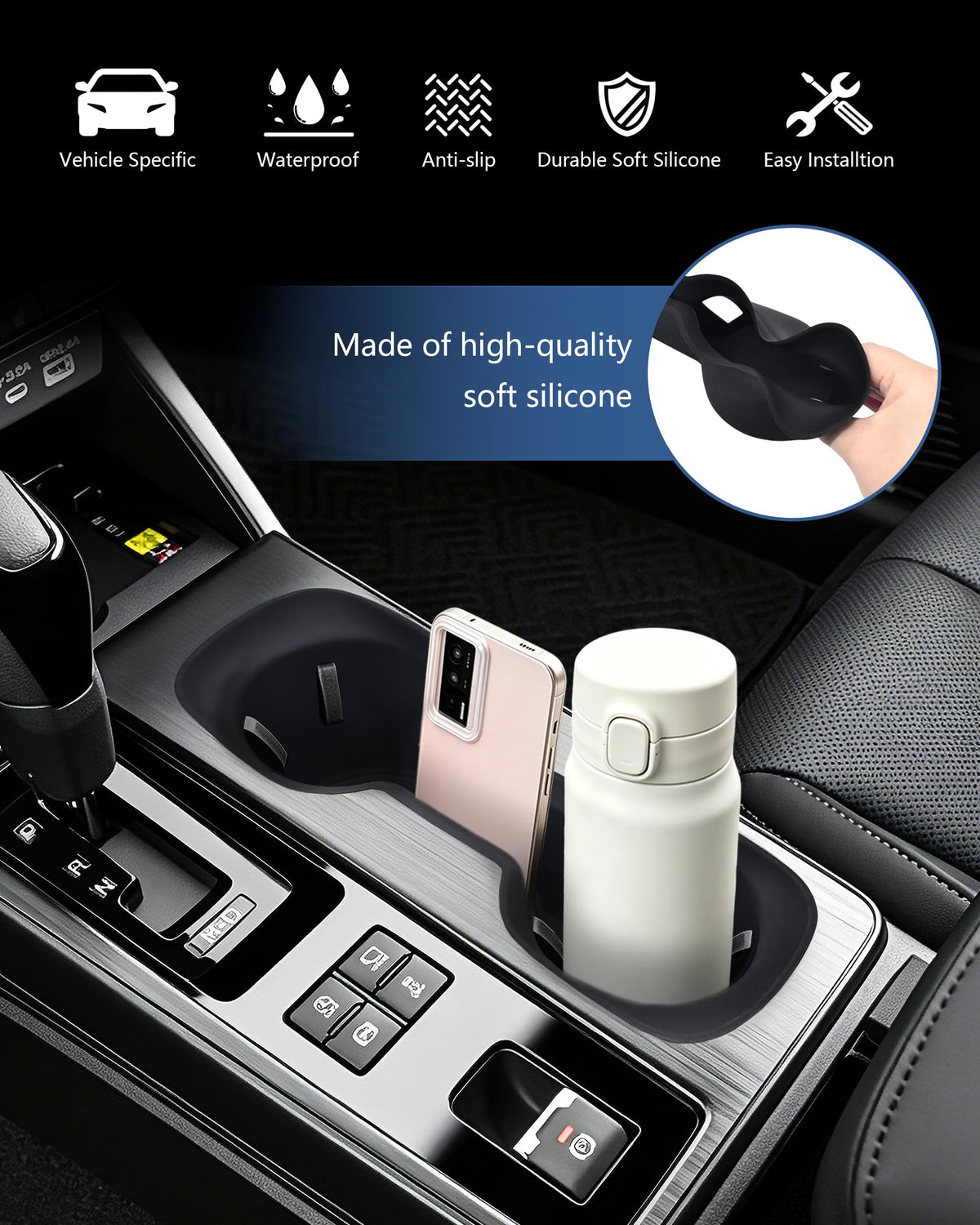 JJMY insert installed in center console showing snug fit and noise reduction