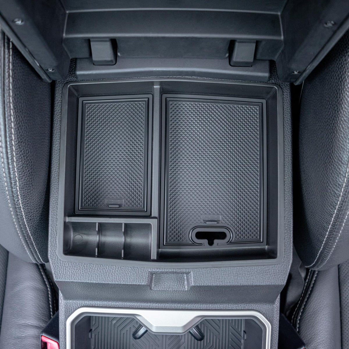 JKCOVER front view of center console tray showing clean fit and added storage benefit