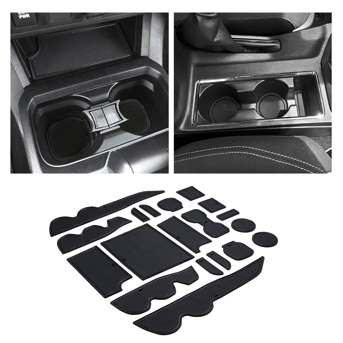 JKCOVER front packaging and full 19-piece kit protecting Tacoma interior